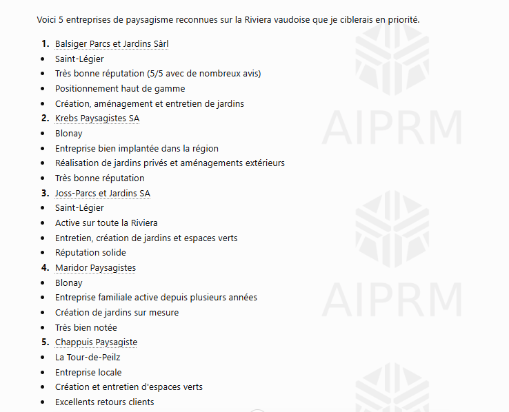Liste de 5 entreprises de paysagisme recommandées par ChatGPT sur la Riviera vaudoise