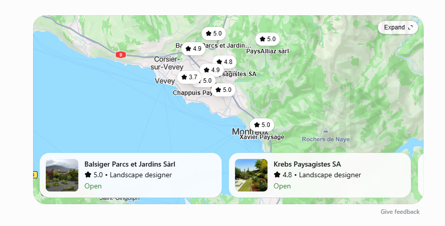 Réponse de ChatGPT avec une carte Google Maps de paysagistes sur la Riviera vaudoise
