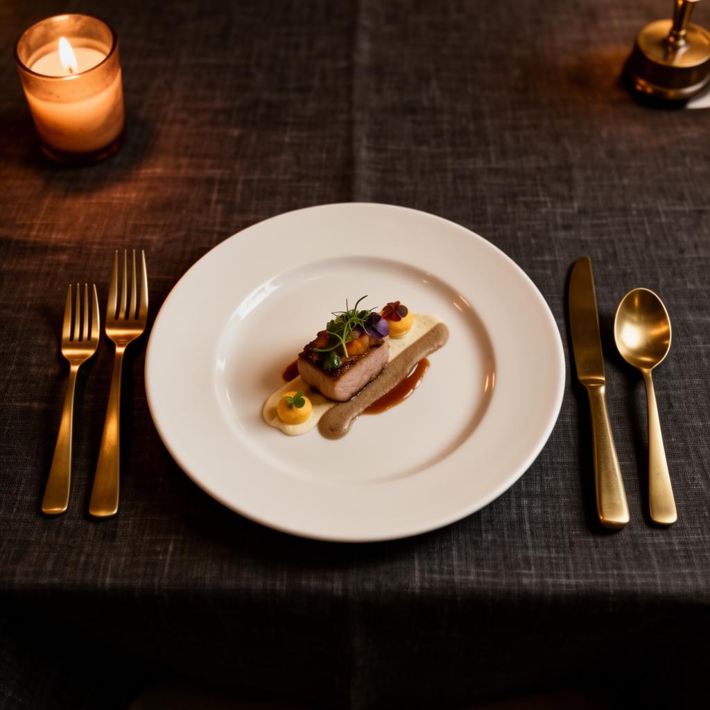 Dressage gastronomique sur assiette blanche, ambiance restaurant à la bougie